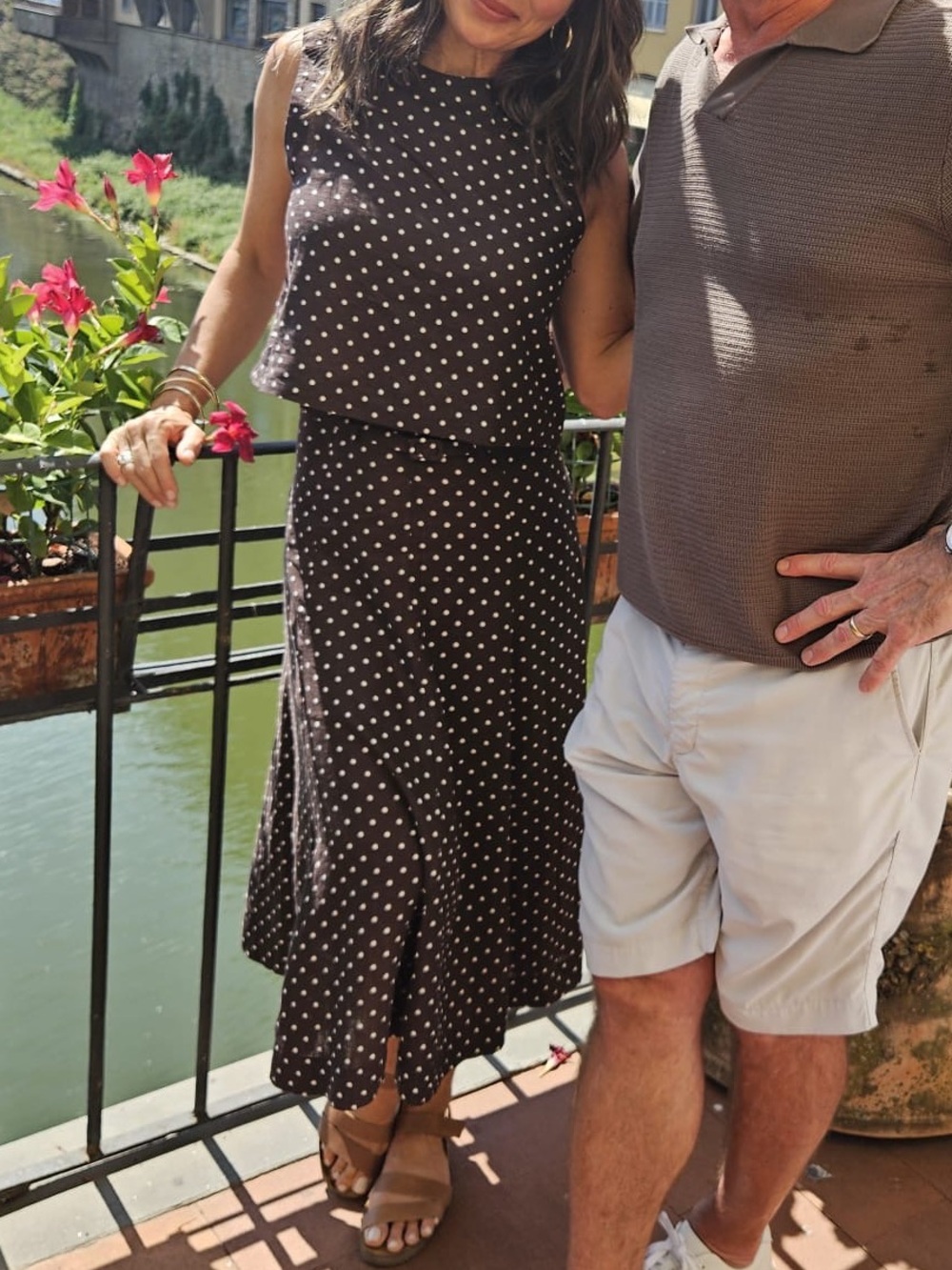 Mango Brown Polka Dot Linen Belted Midi Skirt and Cropped Top Set